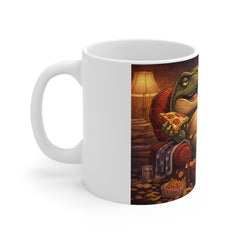 T-Rex Chill Coffee Mug — Funny Dino with Pizza & Beer 11oz Ceramic Mug
