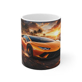 Sports Car Sunset Mug — Orange Supercar Coffee Cup, Racing Enthusiast Gift