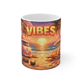Vibes Beach Sunset Mug — Retro VW Camper Surfboard Coffee Cup