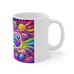 Vibes Psychedelic Coffee Mug — Retro Rainbow Peace & Smile Ceramic Mug