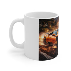 Sports Car Sunset Mug — Orange Supercar Coffee Cup, Racing Enthusiast Gift