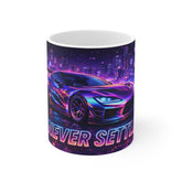 Never Settle Neon Race Car Mug — Retro Futuristic Sports Car Coffee Cup