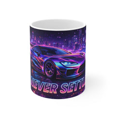 Never Settle Neon Race Car Mug — Retro Futuristic Sports Car Coffee Cup