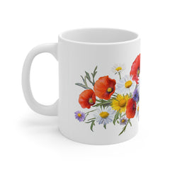 Floral Bouquet Mug — Wildflower Poppies, Daisies & Cornflowers 11oz White Ceramic