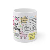 Inspirational Doodle Mug — "Joy + Action" Positive Quote Coffee Cup (11oz)