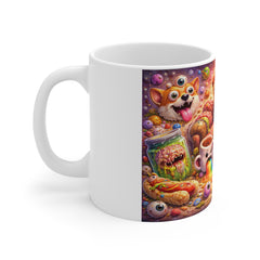 Psychedelic Pizza Monster Mug — Colorful Surreal Corgi & Rainbow-Vomit Coffee Cup