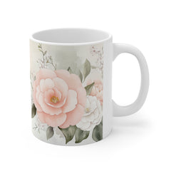 Floral Camellia Coffee Mug — Soft Pink Vintage Garden 11oz Ceramic