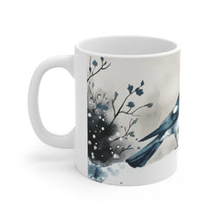 Watercolor Magpie Coffee Mug — Winter Bird Art Ceramic Mug