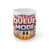 Queue Mode Mug — British Union Jack Funny Stand Here Coffee Cup