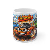 Zoom! Cartoon Muscle Car Mug — Racing Graphics Coffee Cup for Car Lovers