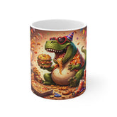 Party Dino Mug — Funny T-Rex Eating Pizza & Burger Coffee Cup