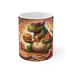 Party Dino Mug — Funny T-Rex Eating Pizza & Burger Coffee Cup