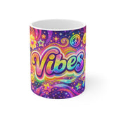 Vibes Psychedelic Coffee Mug — Retro Rainbow Peace & Smile Ceramic Mug