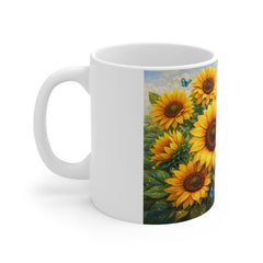 Sunflower Field Mug — Bright Sunflowers & Blue Butterflies Coffee Cup