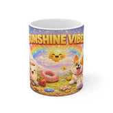 Sunshine Vibes Mug — Cute Rainbow, Smiling Sun & Corgi Coffee Cartoon Mug