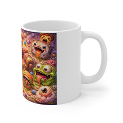 Psychedelic Pizza Monster Mug — Colorful Surreal Corgi & Rainbow-Vomit Coffee Cup