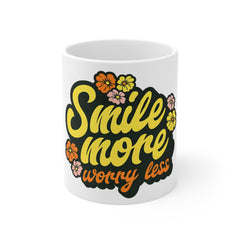Smile More Worry Less Mug — Retro Floral Positive Message Coffee Cup