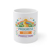 Progress Over Perfection Mug — Inspirational Coffee Cup with Rainbow Path Design