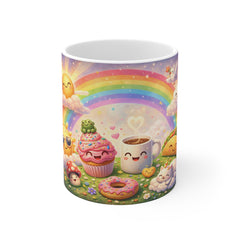 Cute Kawaii Rainbow Breakfast Mug — Happy Coffee Cup with Cupcake, Donut & Smiling Sun