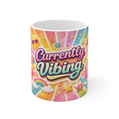 Currently Vibing Mug — Colorful Retro Rainbow Coffee Cup