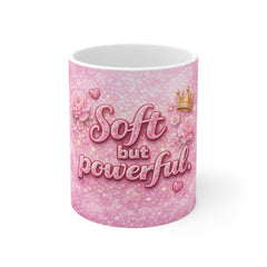 Soft But Powerful Pink Floral Mug — Inspirational Coffee Cup for Women, Empowerment Gift