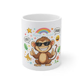 Monkey Thumbs Up Mug — Cute Cartoon Monkey with Sunglasses, Rainbow & 'LOL! DUDE!' Coffee Cup
