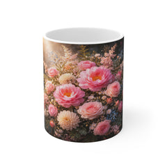 Floral Bouquet Coffee Mug — Pink Rose Garden 11oz Ceramic