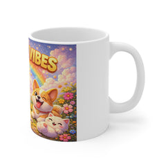 Sunshine Vibes Mug — Cute Rainbow, Smiling Sun & Corgi Coffee Cartoon Mug