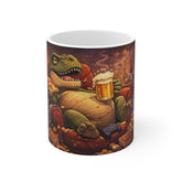 T-Rex Chill Coffee Mug — Funny Dino with Pizza & Beer 11oz Ceramic Mug