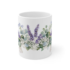 Lavender & Eucalyptus Floral Mug — 11oz White Ceramic Coffee Cup