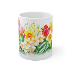 Floral Tulip & Daffodil Coffee Mug — Spring Watercolor Bouquet 11oz