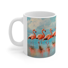Flamingo Beach 11oz White Mug — Tropical Pink Flamingo Coffee Cup