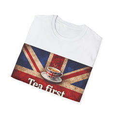 Tea First. Panic Later. T‑Shirt — British Flag Vintage Tea Graphic