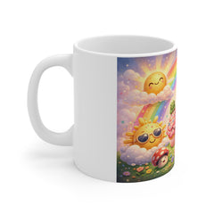 Cute Kawaii Rainbow Breakfast Mug — Happy Coffee Cup with Cupcake, Donut & Smiling Sun