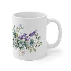 Lavender & Eucalyptus Floral Mug — 11oz White Ceramic Coffee Cup