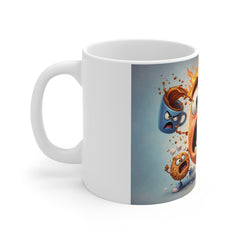 11oz Ceramic Mug — Angry Cartoon Food Face Design (Coffee, Donut, Doughnut, Energetic)
