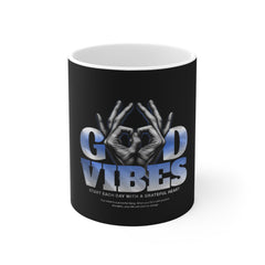 Good Vibes Mug — Positive Message Coffee Cup with Hand Gesture Design