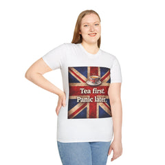 Tea First. Panic Later. T‑Shirt — British Flag Vintage Tea Graphic
