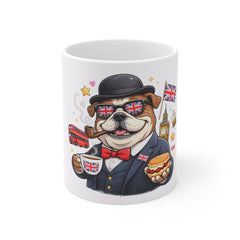 British Bulldog Mug — Cute UK Patriotic Coffee Cup with Union Jack, Bowler Hat & Tea
