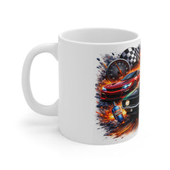 Racing Cars Coffee Mug – Muscle Cars, Checkered Flag & NOS Design (11oz White Mug)