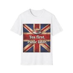 Tea First. Panic Later. T‑Shirt — British Flag Vintage Tea Graphic