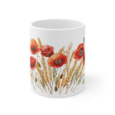 Poppy & Wheat Ceramic Mug — Watercolor Red Poppy Coffee Cup