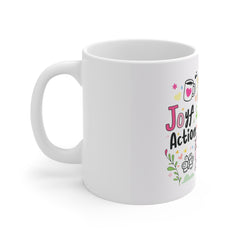 Inspirational Doodle Mug — "Joy + Action" Positive Quote Coffee Cup (11oz)