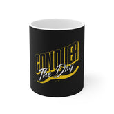 Conquer The Day Coffee Mug — Motivational Black & Gold Ceramic Mug