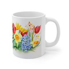 Floral Tulip & Daffodil Coffee Mug — Spring Watercolor Bouquet 11oz
