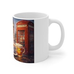 London Corgi Tea Mug — Cute Union Jack Rainy City Scene 11oz Ceramic