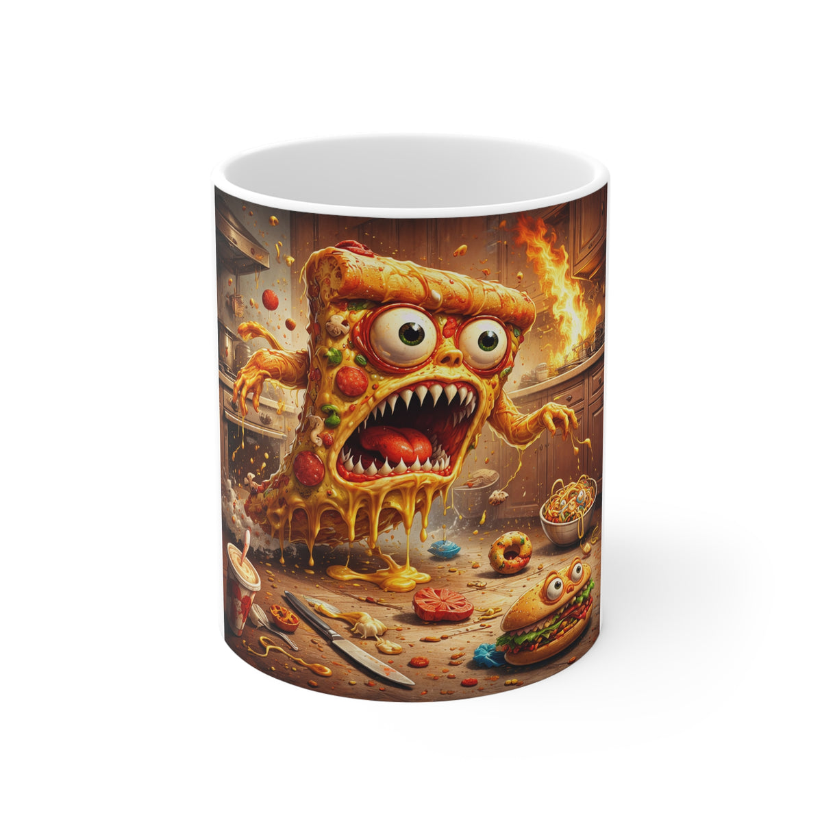 Angry Cartoon Pizza Monster Coffee Mug — Funny Horror Foodie Gift