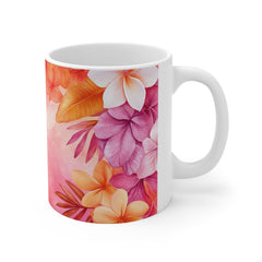 Tropical Plumeria Floral Mug — Pink Watercolor Hawaiian Coffee Cup