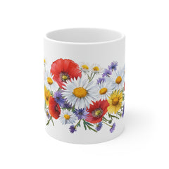 Floral Bouquet Mug — Wildflower Poppies, Daisies & Cornflowers 11oz White Ceramic
