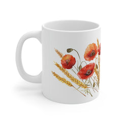Poppy & Wheat Ceramic Mug — Watercolor Red Poppy Coffee Cup